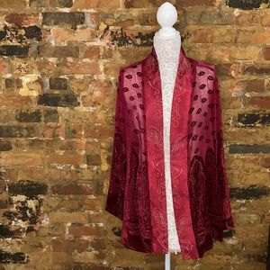 notations burgandy velvet and sheer open sweater